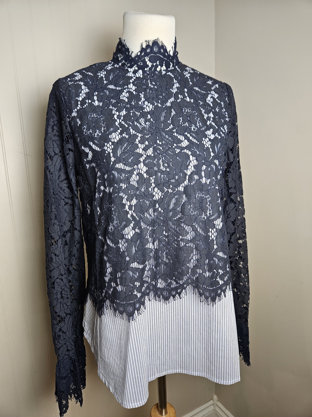 Sugarlips Navy Lace Mock Neck Long Sleeve Top with Striped Underlayer
